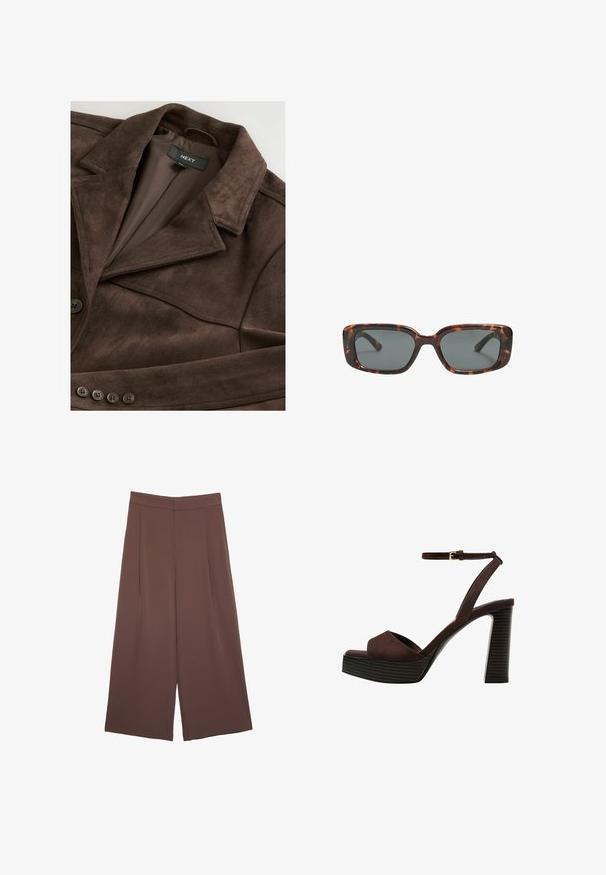 Ruskea mokkajakku, jossa on lovettu kaulus, yksittäinen napitus ja sileä vuori. Edessä viisi napin koristetta.; Vaaleanbeige lyhythihainen t-paita, jossa on pyöreä kaula-aukko, valmistettu pehmeästä ja sileästä kankaasta. Ominaisuuksina rento mitta ja suora helma.; Ruskeat leveälahkeiset housut, joissa on sileä pinta, korkea vyötärö ja etupleat. Kangas on kevyttä ja laskeutuu väljänä.; Ruske kožne sandale s visokom potpeticom, otvorenim prstima, podesivim kopčanjem oko gležnja i prugastim platformskim đonom.; Silmälasit pähkinäkuoresta, joissa on suorakulmaiset linssit, paksut kehykset ja tummennetut linssit. Sileä pinta ja minimalistinen muotoilu.