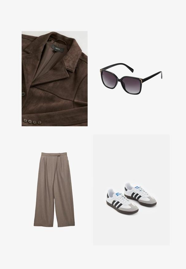 Brązowa zamszowa kurtka z klapami, z zapięciem na pojedynczy guzik i gładką podszewką. Posiada pięć guzików ozdobnych z przodu.; Dwie koszulki z okrągłym dekoltem w kolorze czarnym i białym, wykonane z bawełny. Posiadają krótkie rękawy i jednolity kolor bez wzorów czy akcentów.; Spodnie o szerokich nogawkach w jasnobrązowym materiale, z plisami w talii i gładką fakturą. Model z bocznymi kieszeniami dla większej funkcjonalności.; Buty sportowe z białą skórzaną cholewką, szarym zamszowym noskiem i trzema czarnymi paskami. Posiadają niebieskie logo na języku oraz teksturowaną gumową podeszwę.; Czarne okulary przeciwsłoneczne z gradientowymi szarymi soczewkami, przesadnie duże kwadratowe oprawki z złotymi akcentami na rogach oraz eleganckimi czarnymi zausznikami.; Woven oliwkowa torebka o zaokrąglonym kształcie i skręconym uchwycie. Teksturowana powierzchnia zdobiona jest diagonalnym wzorem. Zamek błyskawiczny.