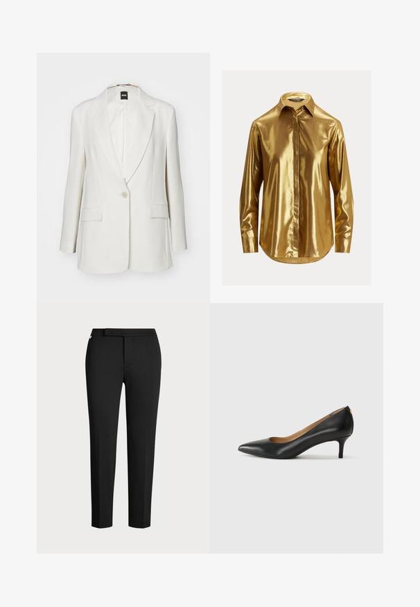 Weißes Blazer mit Reverskragen, einem einzelnen Knopfverschluss, zwei Vorderaschen und glattem Stoff mit strukturierter Silhouette.; Goldene metallische Langarmbluse mit einem Knopfkragen, glatter Textur, schmaler Knopfleiste und abgerundetem Saum.; Schwarze, schmal zulaufende Hose aus elastischem Stoff, mit flachem Bund, seitlichen Taschen und einer glatten, matten Textur. Keine sichtbaren Verschlüsse.; Schwarzer Lederpumps mit spitzem Zehenbereich, niedrigem Absatz und glatter Textur. Verfügt über eine leichte Öffnung an der Vorderseite und minimale Beschläge an der Rückseite.
