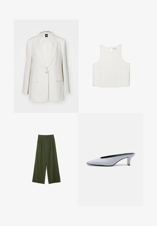 Hvid blazer med klapkrave, en enkelt knaplukning, to forlommer og glat stof med en struktureret silhuet.; Hvid ærmeløs top med rund halsudskæring, der har en subtil tekstur, nøglehulsbagdetalje og lige kant.; Bredbukser i mørkegrønt stof med beltedal, plisseringer foran og en glat overflade. Ingen synlige mønstre eller hardware.; Lys blå patentlæder mule med spids tå, lav gennemsigtig hæl og et elegant design med udskæring ved vamps.