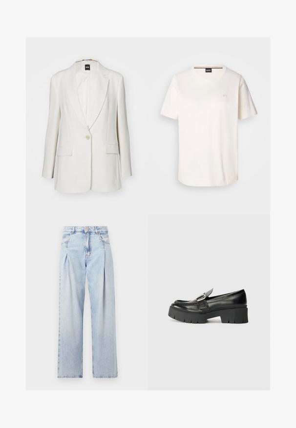 Blazer blanco con solapas de muesca, cierre de un solo botón, dos bolsillos frontales y tejido suave con una silueta estructurada.; Camiseta de algodón blanca con mangas cortas, cuello redondo y un pequeño logo en el pecho. Textura suave y dobladillo recto.; Jeans de mezclilla azul claros con cintura alta, corte de pierna ancha, dos bolsillos laterales y un diseño plisado. Textura suave con un acabado deslavado.; Mocasines de cuero negro con una suela de goma gruesa. Presentan un acento de hebilla y un detalle de costura a lo largo de la parte superior. Tacón plano.