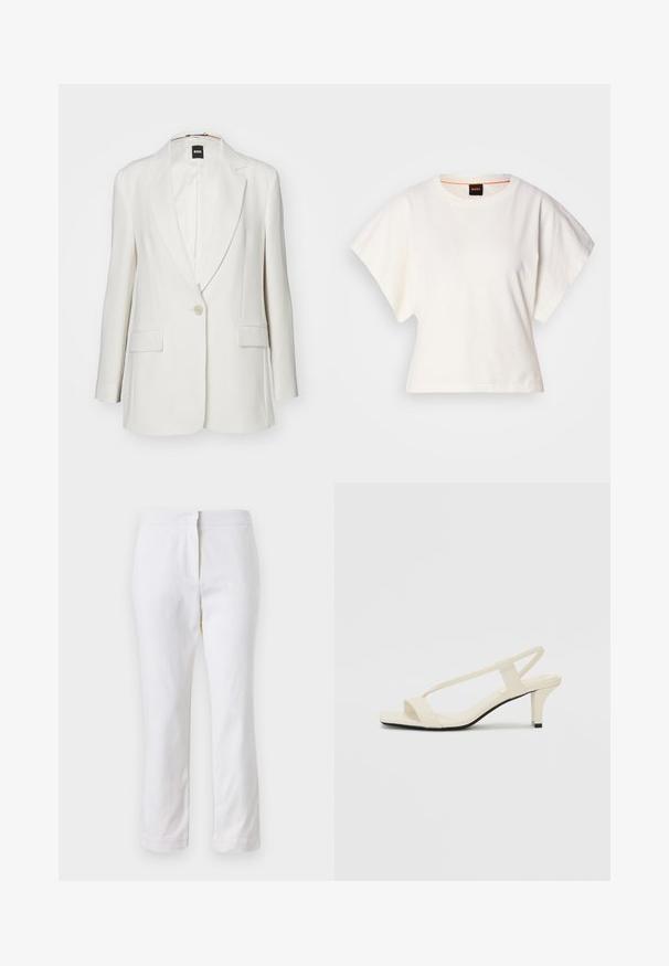 Blazer bianco con rever a punta, chiusura a un bottone, due tasche frontali e tessuto liscio con una silhouette strutturata.; T-shirt bianca cropped, maniche corte e larghe, tessuto di cotone morbido, scollatura rotonda con bordino arancione sottile, design minimale, senza motivi o grafiche.; Pantaloni bianchi in cotone con design a gamba dritta, caratterizzati da una vita a media altezza e senza hardware o motivi visibili. Tessuto liscio su tutta la superficie.; Sandali con tacco a blocco beige, con sottili cinturini e punta quadrata. Materiale liscio con dettagli minimi, progettati per un facile utilizzo.