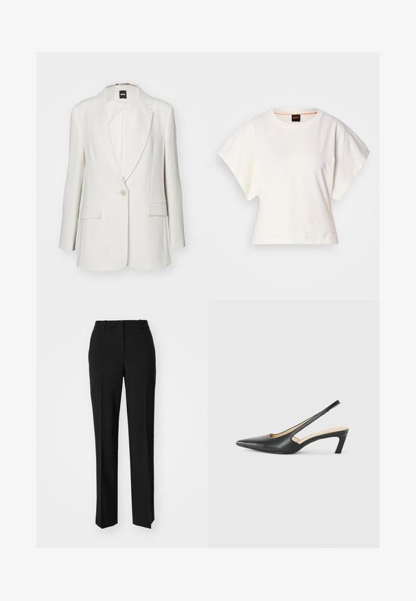 Hvit blazer med skrå lapeller, en enkel knappelukking, to frontlommer og glatt stoff med en strukturert silhuett.; Hvit cropped T-skjorte, korte vide ermer, myk bomullsmateriale, rund halslinning med subtilt oransje kantbånd, minimalistisk design, uten mønstre eller grafikk.; Sorte skreddersydde bukser med rett silhuett, med en glatt tekstur og klare pressede bretter foran. Ingen synlig maskinvare.; Svart spiss tå slingback-sko med lav hæl, laget av jevnt skinnmateriale og med utskåret design på siden for pusteevne.