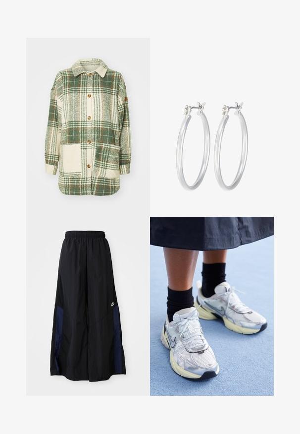 Giacca oversize a quadri verde e crema con colletto, bottoni, due tasche frontali e polsini a costine. Tessuto morbido con taglio rilassato.; Maglietta a maniche lunghe di colore navy in tessuto a coste. Presenta un collo alto con bordo ondulato e un design aderente.; Pantaloni neri a gamba larga realizzati in tessuto leggero, con un pannello laterale blu navy e una cintura elastica. Piccolo logo bianco sul fondo.; Nike sneakers bianchi e argento con tessuto in rete, dettagli riflettenti e suola beige. Indossati con calze nere, in piedi su una superficie blu.; Orecchini a cerchio in argento con una finitura liscia e lucida. Forma rotonda e chiusura a scatto sicura. Design leggero adatto per l'uso quotidiano.
