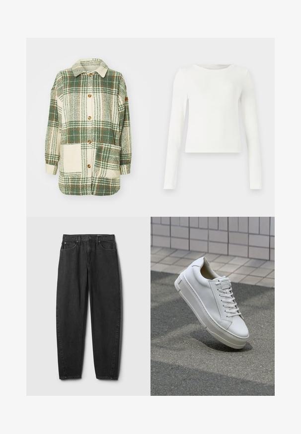 Green and cream plaid oversized jacket with a collar, buttons, two front pockets, and ribbed cuffs. Soft texture with a relaxed fit.; White long-sleeve ribbed top with a crew neck. Smooth texture, fitted design, and no visible patterns or accents. Simple and minimalist style.; Black denim jeans with a straight-leg cut, featuring five pockets, a button closure, and minimal stitching detail. Classic design and texture.; White leather sneaker with a low-top design, flat laces, rounded toe, and textured sides. Thick rubber sole with subtle accents.