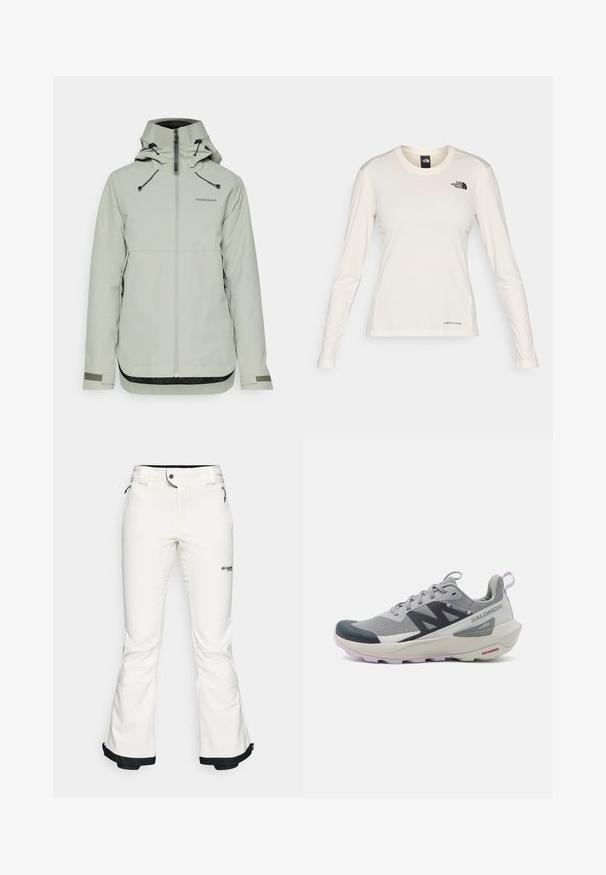 Giacca impermeabile grigio chiaro con colletto alto, zip frontale, cordini regolabili e dettagli neri testurizzati all'orlo e alle maniche.; The North Face SHADOW LONG SLEEVE - Maglietta a manica lunga - white dune; Pantaloni da sci bianchi realizzati in materiale morbido e flessibile. Presentano una vita aderente, gambe ampie e svasate, con rifiniture nere ai polsini. Logo del marchio visibile.; Scarpa da corsa Salomon in grigio e blu navy con una tomaia in mesh traspirante, punta in gomma e suola testurizzata con accenti di lavanda.