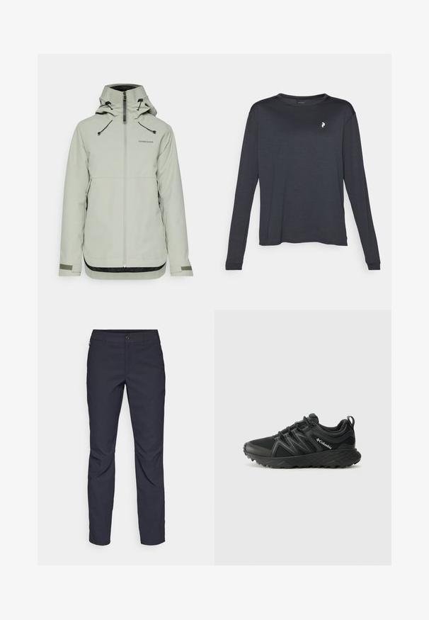 Világosszürke vízálló dzseki magas gallérral, elülső cipzárral, állítható húzózsinórokkal, valamint texturált fekete díszítésekkel az alján és az ujjakon.; Sötét színű, hosszú ujjú póló, textúrált anyagból készült, kerek nyakkivágással és egy kis fehér logóval a bal mellrészén.; Sötétkék nadrág sima anyagból, elülső gombos záródással, slim-fit fazonnal és gyűrött részletekkel a térdeken.; Columbia PEAKFREAK - Túracipők - black