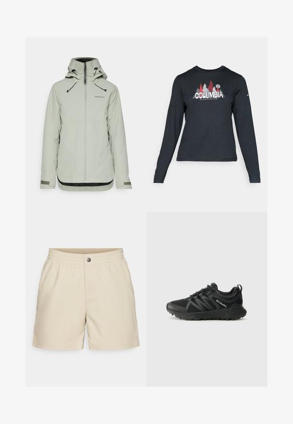 Šviesiai pilkas vandeniui atsparus striukė su aukšta apykakle, priekyje užtrauktuku, reguliuojamomis raišteliais ir tekstūruotais juodais akcentais apykaklėje ir rankovėse.; Ilga rankovė tamsiai pilka marškinėliai su raudonų medžių ir kalnų grafika; drąsaus baltos spalvos teksto "COLUMBIA" logotipas. Minkšta medžiaga, standartinis apvalus kaklas.; Šviesiai rudi šortai, pagaminti iš lengvos medžiagos, su elastinga juosmens juosta, priekine kišene ir vienu užsegimu mygtuku, turintys lygią tekstūrą.; Columbia PEAKFREAK - Turistiniai batai - black
