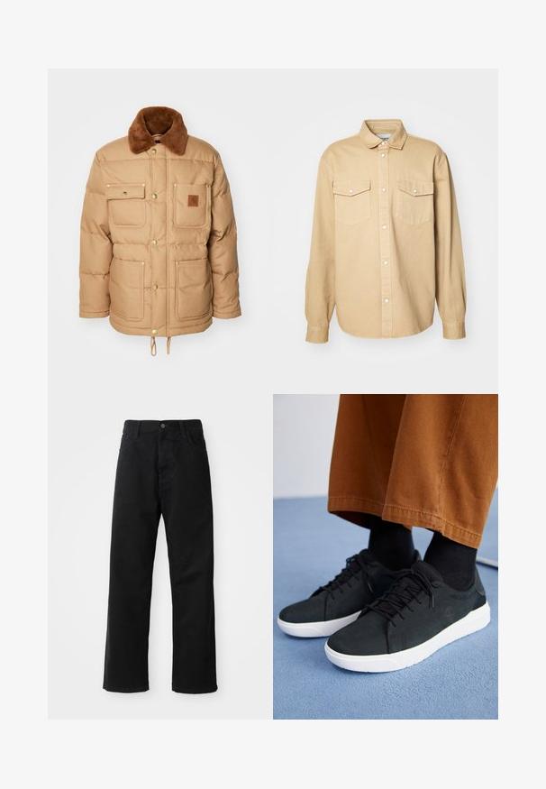 Brūna pūkaina jaka ar brūnu mākslīgās vilnas apkakli, divām krūšu kabatām un divām apakšējām kabatām. Aprīkota ar zeltainu aparatūru un regulējamu apakšdaļu.; Beige pogājusies krekliņš, izgatavots no kokvilnas, ar klasisku apkakli, divām krūšu kabatām un garām piedurknēm ar pogājamiem aproces galiem.; Melnas džinsu bikses ar taisnu griezumu, ar priekšējiem kabatām, rāvējslēdzēju un vienu augšējo pogu. Tekstūrēta auduma matēta virsma.; Melnas zamšādas kedas ar baltām gumijas zolēm, ar saistāmām auklām, tekstūrētām detaļām un diskrētu zīmolu, apvienotas ar brūniem biksēm.