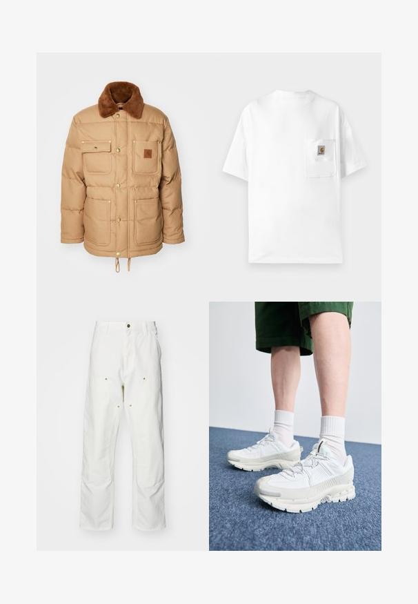 Hnedá puff jacket s hnedým umelým kožúškom na golieri, dvoma vreckami na hrudi a dvoma dolnými vreckami. Obsahuje zlaté kovové doplnky a šnúrku na spodnom leme.; Biele bavlnené tričko s okrúhlym výstrihom, krátkymi rukávmi a náprsníkovou vreckom s logom. Minimalistický dizajn a bezšvová textúra.; Biele bavlnené cargo nohavice s voľným strihom. Medzi vlastnosti patrí predné vrecká, zlaté detaily a zosilnené kolenné časti.; Biele športové topánky s textúrovanými prešívaniami, robustnou podrážkou a sivými akcentami. Nosené s bielymi ponožkami po členky a zelenými šortkami na modrom povrchu.