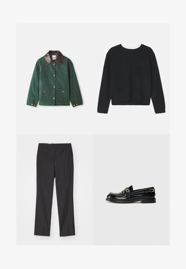 Grüne Canvas-Jacke mit braunem Lederkragen, ausgestattet mit goldenen Knopfverschlüssen, zwei Fronttaschen und kontrastierenden Nähten.; Schwarzer Sweatshirt mit langen Ärmeln, Rundhalsausschnitt und einem leicht verkürzten Saum. Aus weichem Stoff gefertigt, mit einem dezenten Logodetail auf der Vorderseite.; Schwarze maßgeschneiderte Hose mit geradem Schnitt, ausgestattet mit Gürtelschlaufen und einer glatten Textur, gefertigt aus leichtem Stoff.; Schwarze Lederloafers mit glänzender Oberfläche, ausgestattet mit zwei goldenen Schnallen und einem niedrigen Absatz. Glatte Textur mit abgerundetem Zehendesign.