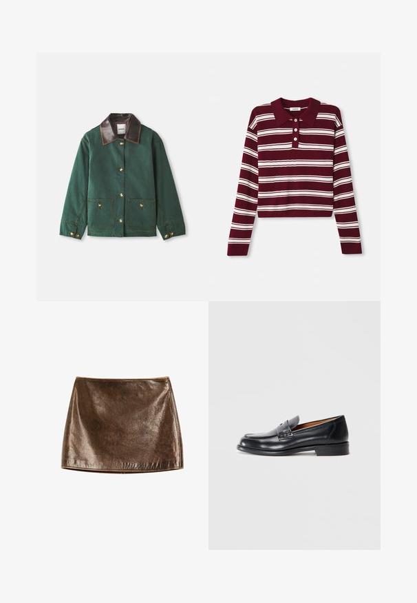 Veste en toile verte avec un col en cuir marron, dotée de fermetures à boutons dorés, de deux poches avant et de détails de couture contrastés.; Polo en tricot bordeaux à manches longues avec des rayures horizontales blanches, comportant un col et trois boutons à l'avant. Texture douce.; Jupe mini métallique brune avec une texture lisse et brillante. Présente un design simple et des lignes épurées, avec un ourlet droit en bas.; Mocassin en cuir noir avec un nez arrondi, des coutures détaillées et une texture lisse. Présente un petit talon et un design à enfiler.