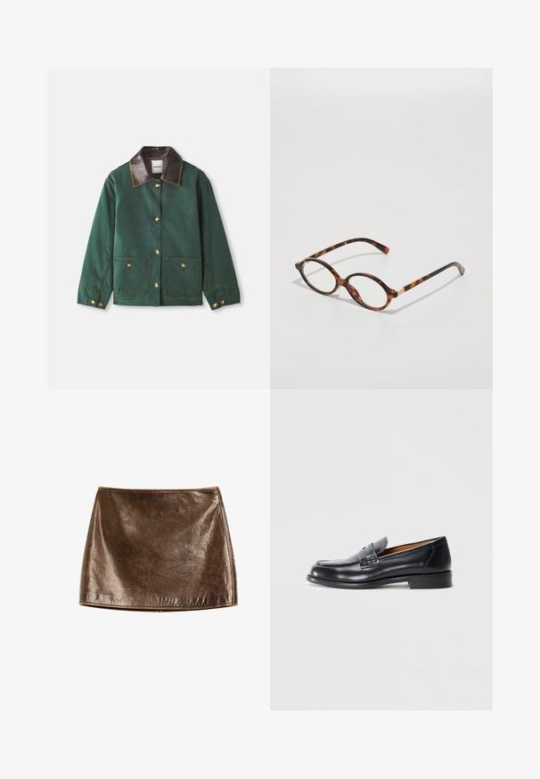 Grøn lærredjakke med brun læderkrave, der har guld knaplukninger, to frontlommer og kontrasterende syninger.; Bordeaux langærmet polo sweater med hvide vandrette striber, der har krave og tre knapper foran. Blød tekstur.; Brun metallisk miniskirt med en glat, skinnende overflade. Har et enkelt design og rene linjer, med en lige kant i bunden.; Sort læder loafersko med rund tå, syede detaljer og en glat overflade. Har en lav hæl og slip-on design.; Skildpaddebriller med ovale stel, klare linser og guld accenter. Har buede stænger og en glat, blank finish.; Brun ruskinds tote bag med lange håndtag, der har et fladt design og en dekorativ rem med accent i sølvfarvet metal.