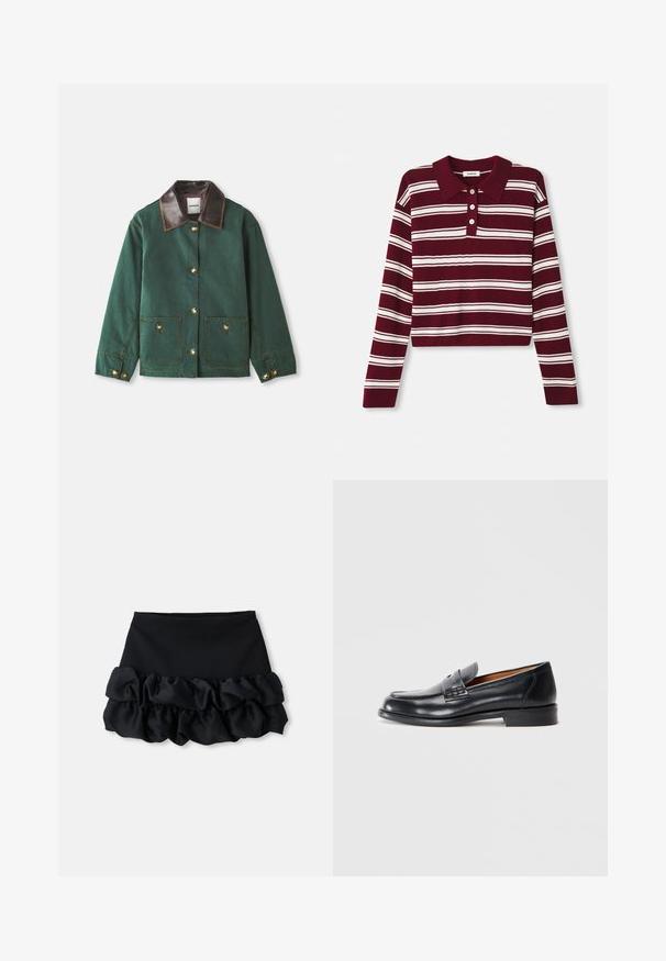 Zielona kanwa kurtka z brązowym skórzanym kołnierzem, z zapięciem na złote guziki, dwiema przednimi kieszeniami i kontrastowymi detalami w szwie.; Bordowy sweter polo z długim rękawem w białe poziome paski, z kołnierzykiem i trzema guzikami z przodu. Miękka tekstura.; Czarna mini spódnica z dopasowanym topem i trzema warstwami falban u dołu, o gładkiej teksturze i prostych liniach.; Czarny skórzany mokasyn z zaokrąglonym noskiem, przeszyciami i gładką fakturą. Posiada niski obcas oraz łatwy do zakładania fason.