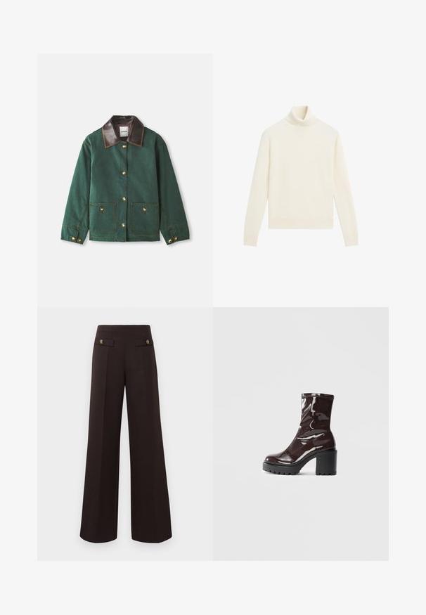 Zielona kanwa kurtka z brązowym skórzanym kołnierzem, z zapięciem na złote guziki, dwiema przednimi kieszeniami i kontrastowymi detalami w szwie.; Kremowy sweter z golfem, miękka tekstura dzianiny, dopasowany krój, długie rękawy oraz ściągacze przy kołnierzu i u dołu.; Ciemnobrązowe, wysokie spodnie o szerokich nogawkach z plisami na przodzie i ozdobnymi, zapinanymi na guziki kieszeniami w okolicy talii.; Błyszczące bordowe botki za kostkę z masywną czarną obcasem, charakteryzujące się gładką teksturą i prostym wzornictwem. Brak widocznych zapięć lub wzorów.