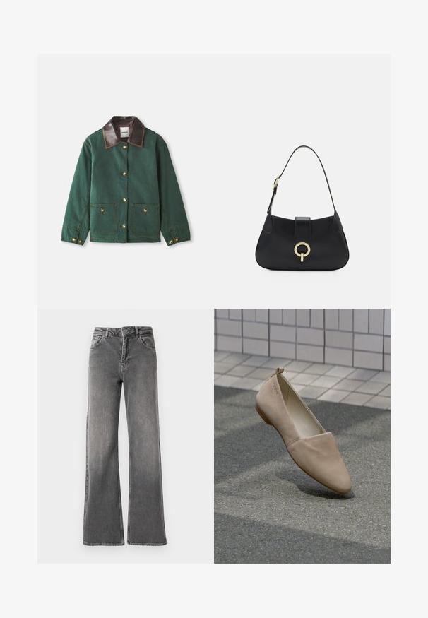 Chaqueta de lona verde con cuello de piel marrón, que presenta cierres de botones dorados, dos bolsillos frontales y detalles de costura en contraste.; Top sin mangas blanco hecho de algodón suave. Presenta un escote redondo y un corte recto. Diseño liso sin patrones o acentos visibles.; Jeans de pierna ancha en denim gris oscuro, con una cintura alta, cinco bolsillos y un desvanecido mínimo. Cierre de botón metálico y cremallera.; Zapato plano beige hecho de material suave, con punta afilada y diseño minimalista. Incluye un pequeño tacón y un lazo en la parte trasera.; Bolso de cuero negro con una silueta curvada, correa corta, herrajes en tono dorado central y textura suave. Sin patrones ni acentos visibles.