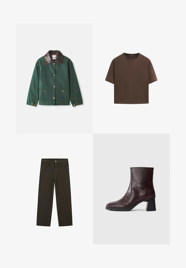 Giacca in tela verde con colletto in pelle marrone, dotata di chiusura con bottoni dorati, due tasche frontali e dettagli di cucitura a contrasto.; T-shirt in cotone marrone, maniche corte, collo a giro, vestibilità abbastanza ampia, texture liscia, design minimalista, senza motivi o dettagli visibili.; Jeans a gamba larga di colore verde scuro, realizzati in tessuto misto cotone, dotati di chiusura con bottone frontale, cinque tasche e cuciture classiche in denim.; Stivale alla caviglia in pelle marrone scuro con tacco a blocco e punta rotonda, visualizzato su uno sfondo grigio chiaro uniforme.