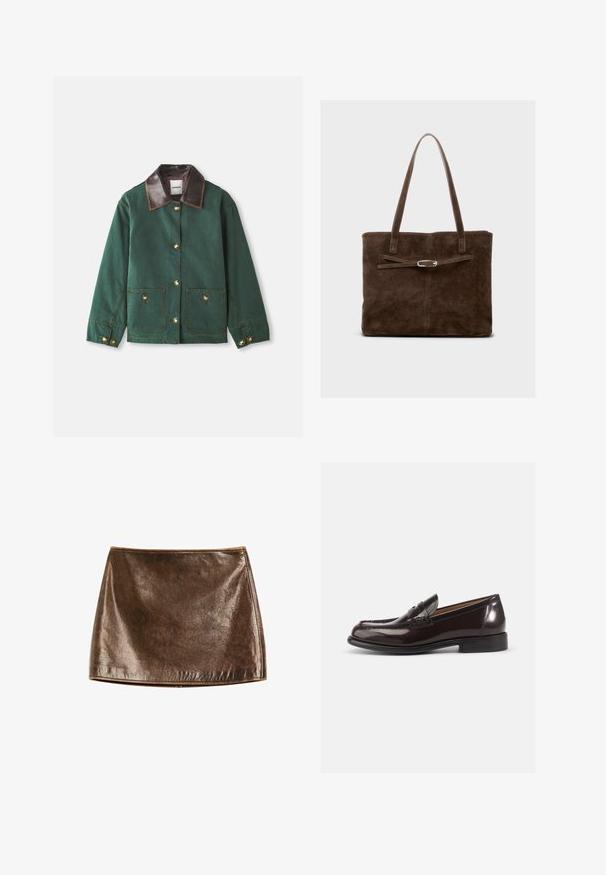 Grüne Canvas-Jacke mit braunem Lederkragen, ausgestattet mit goldenen Knopfverschlüssen, zwei Fronttaschen und kontrastierenden Nähten.; Braun-weiß gestreiftes Langarm-Polohemd mit Kragen und einer dreiknöpfigen Knopfleiste, aus einem weichen Stoff gefertigt.; Brazer metallischer Minirock mit einer glatten, glänzenden Textur. Verfügt über ein einfaches Design und klare Linien, mit einem geraden Saum am unteren Ende.; Burgunderfarbene Lederloafer mit glänzender Oberfläche, aufgestickter Schuhspitze und einem kleinen dekorativen Riemen an der Vorderseite. Niedriger, gestapelter Absatz.; Braune Wildleder-Tote-Bag mit langen Griffen, flachem Körper und einem dekorativen Riemen mit silberfarbener Hardware.