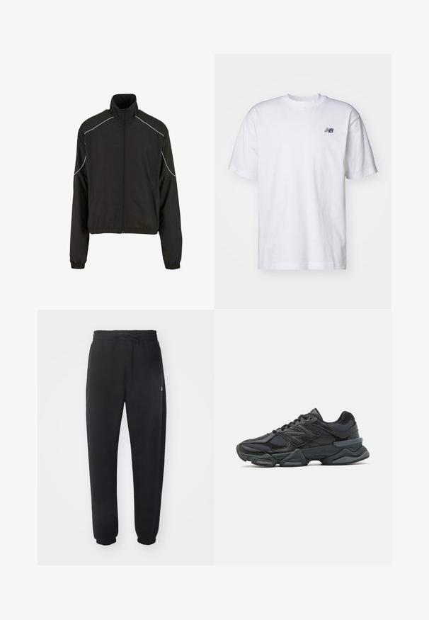 Svart lett jakke med høy krage og glidelås. Har elastiske mansjetter og hvite aksentlinjer langs skuldrene. Glatt tekstur.; Hvit kortermet T-skjorte med rund hals og liten svart New Balance-logo på venstre bryst mot en ensfarget bakgrunn.; Sorte joggebukser laget av mykt materiale med elastisk midje, snor og smale mansjetter, med en diskret logo på siden.; Svart løpesko med en blanding av mesh og syntetiske materialer, chunky såle, buet design og fremtredende merkevare på siden.