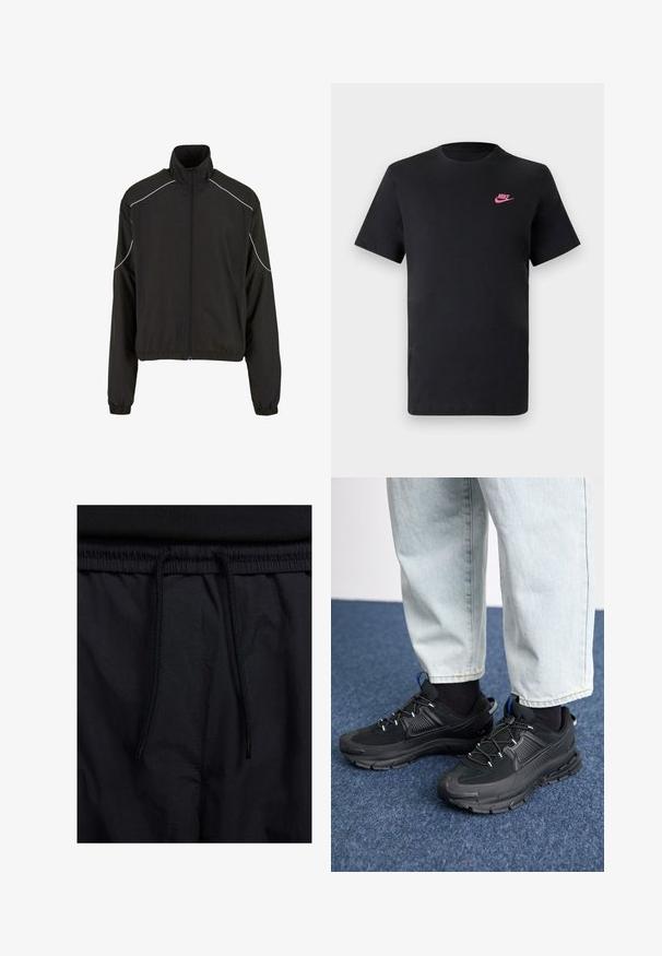 Black lightweight jacket with a high collar and zip closure. Features elastic cuffs and white accent lines along the shoulders. Smooth texture.; Black cotton t-shirt with a round neckline and short sleeves. Features a pink Nike logo on the upper left side. Smooth texture.; Black shorts featuring a drawstring waistband, lightweight fabric with a smooth texture, and a simple design without visible logos or patterns.; Black athletic shoes with textured fabric and rubber soles, featuring elastic laces and a blue accent on the heel. Worn with light denim pants.