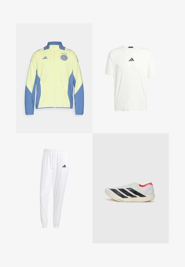 adidas Performance AJAX AMSTERDAM PRESENTATION JACKET - Træningsjakke - pulse yellow; Hvid kortærmet t-shirt lavet af letvægtsstof med rund hals og et mørkegrå logo på brystet. Glat tekstur, afslappet pasform.; Hvide sportsbukser lavet af glat stof, med elastisk talje og tætsiddende manchetter, og med et sort logo på baglommen.; Hvid løbesko med sorte striber, neon grønne detaljer og en rød hæl. Har et let design og en struktureret sål for bedre greb.