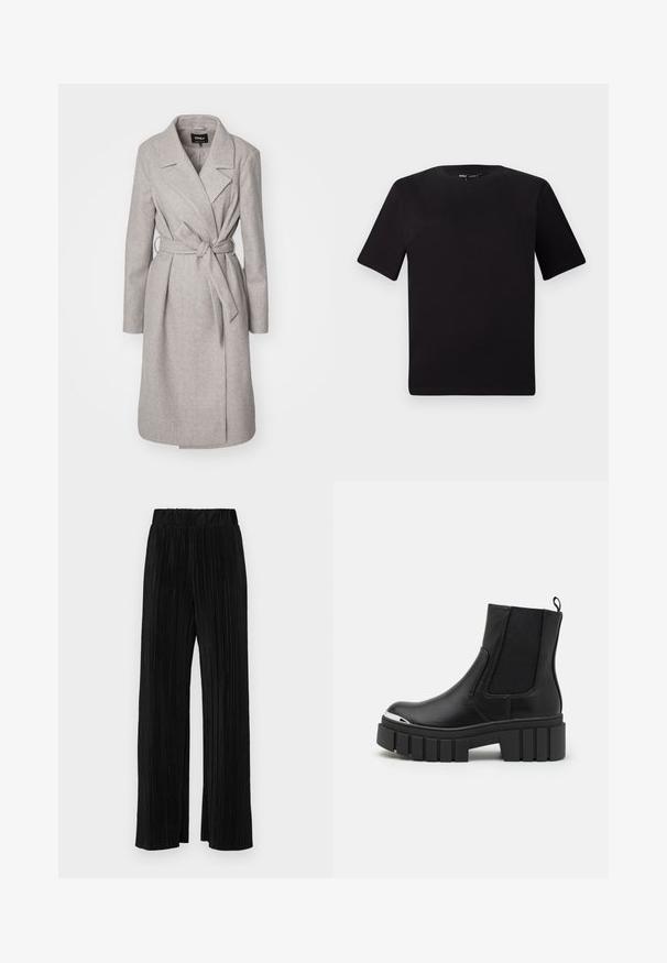 Ljusgrå ullblandad kappa med långa ärmar, bälte i midjan, slagkrage och två framfickor. Har en slät och mjuk textur.; Svart kortärmad t-shirt med rund halsringning, tillverkad i mjukt bomullstyg. Enkelt mönster, utan synliga logotyper eller mönster.; Svarta plisserade byxor med resårmidja. Har vida ben och ett mjukt, texturerat material med vertikala ränder.; Svarta anklarstövlar i slätt läder med elastiska paneler, en tjock plattformsula och en metallisk tå.