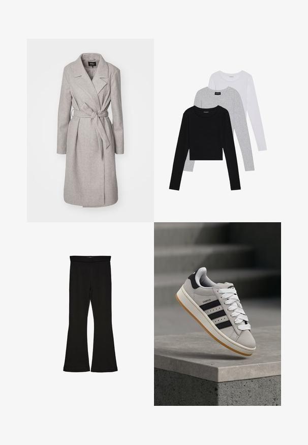 Manteau en mélange de laine gris clair avec des manches longues, une taille ceinturée, un col à revers et deux poches avant. Présente une texture lisse et douce.; Trois hauts à manches longues empilés : noir, gris et blanc. Chacun a un col rond et un design court avec un tissu lisse et léger.; Leggings évasés noirs en tissu extensible. Présentent une taille large et une texture lisse, avec une coupe ajustée qui s'évasent au bas.; Baskets Adidas Campus grises avec des rayures noires et des lacets blancs flottant au-dessus d'un rebord en béton avec des escaliers en arrière-plan.