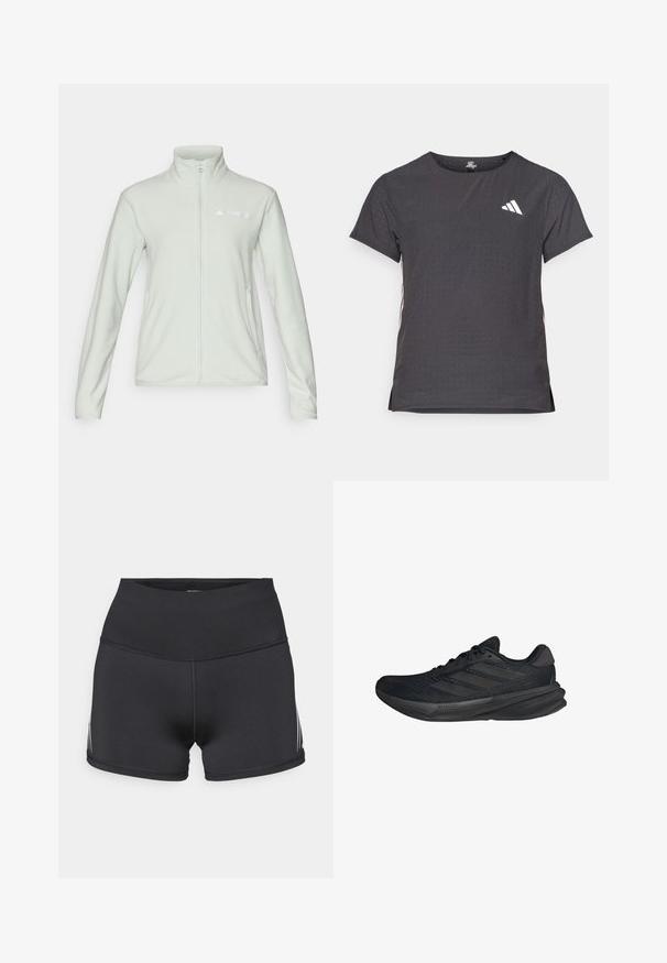 Giacca in pile verde chiaro con colletto alto, zip completa e logo sul lato sinistro. Texture liscia, con maniche lunghe e tasche laterali.; T-shirt atletico a maniche corte, grigio scuro con texture perforata. Presenta un logo bianco e strisce laterali a contrasto. Girocollo.; Pantaloncini sportivi neri con vita alta, realizzati in tessuto elasticizzato. Presentano strisce laterali bianche e cuciture flatlock per il massimo comfort.; Scarpe sportive nere con tomaia in rete, forma aerodinamica, suola piatta e tre strisce diagonali sui lati. Design leggero per il massimo comfort.