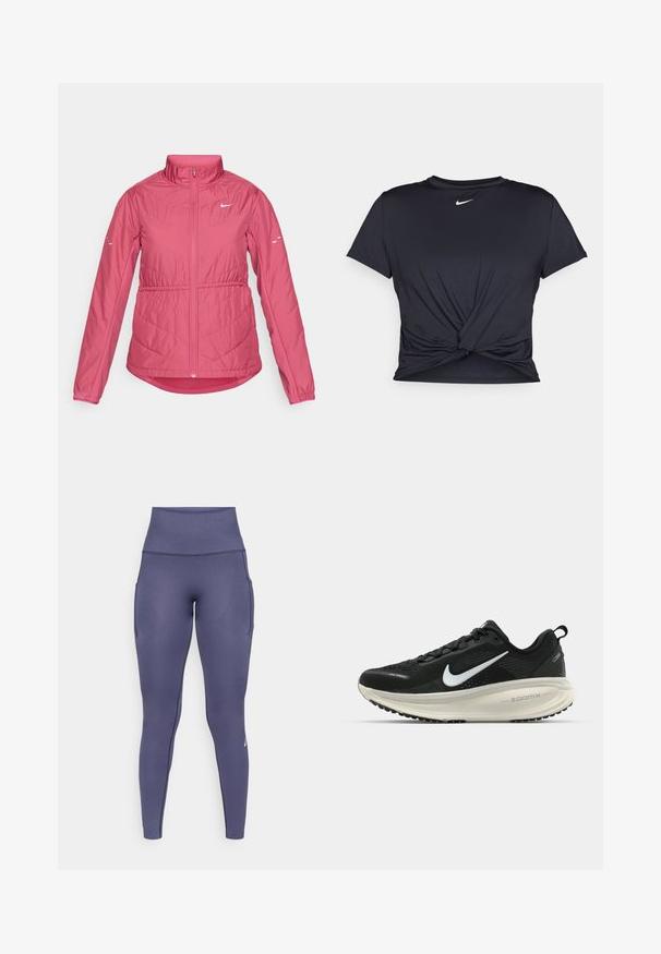 Rozā izolēta jakas ar augstu apkakli, pilnu priekšējo rāvējslēdzēju, elastīgām aprocēm un čevrona šuvju detaļām. Sniegtas neliels balts logs krūšu daļā.; Melna sporta t-kreklu ar gludu audumu, ar mezglošanas priekšpusi un mazu baltu Nike logotipu uz krūšu daļas.; Augsta vidukļa, bezšuvju tumši zilas sporta legingas ar sānu kabatām un vieglu teksturētu rakstu, kas paredzētas sporta apģērbiem.; Melnas Nike skriešanas kurpes ar elpojošu acs augšdaļu, baltu Swoosh logotipu, strukturētu apdari un krēmkrāsas ZoomX starpsole.
