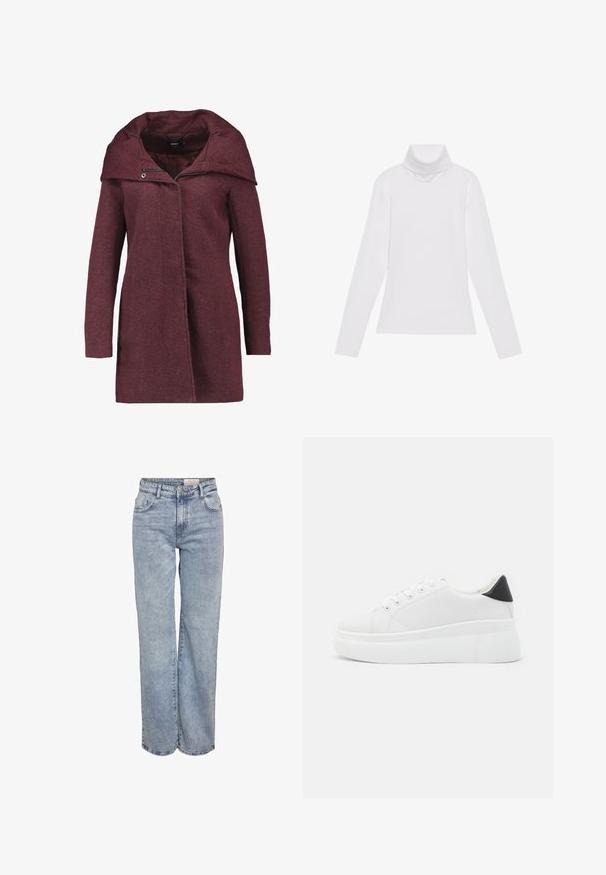 ONLY ONLSEDONA OTW - Īss mētelis - chocolate truffle/melange; Balts garie piedurknēm turtlenecks krekls, izgatavots no gludas, elastīgas auduma. Iezīmē augstu apkakli un pielāgotu dizainu, bez redzamām rakstainām vai rotājumiem.; Gaiši zili platlapu džinsi, izgatavoti no denima, ar augstu jostasvietu, piecu kabatu dizainu un vieglu nolietojuma efektu.; Baltas platforma kedas, izgatavotas no gludas sintētiskas vielas, ar noapaļotu purngalu, saites dizainu un teksturētu gumijas zoli. Melna papēža akcenta detaļa.