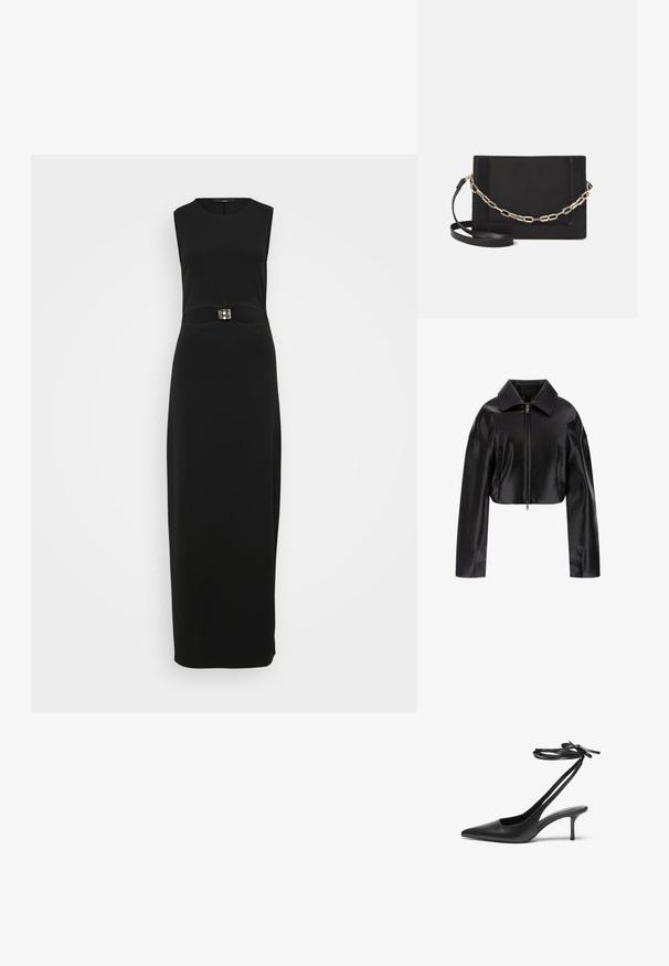 Juodas trumpas odinis švarkas su smailiu apykakle, priekyje užtrauktukas ir dvi šoninės kišenės. Lygus paviršius su blizgiu apdaila.; Juoda be rankovių maksi suknelė, turinti prigludusią siluetą, lygų tekstūrą ir išskirtinį sagties akcentą juosmens srityje.; Juodas odinis stiletto batelis su smailiu nosiu, atvira nugara ir užrištomis kulkšnies juostelėmis. Plonas 3 colių kulnas. Lygi tekstūra, minimalistinis dizainas.; Juodas odinis per petį nešiojamas krepšys turi lygų paviršių, stačiakampio formą ir metalinę grandinėlę priekyje. Pridedama reguliuojama dirželis.