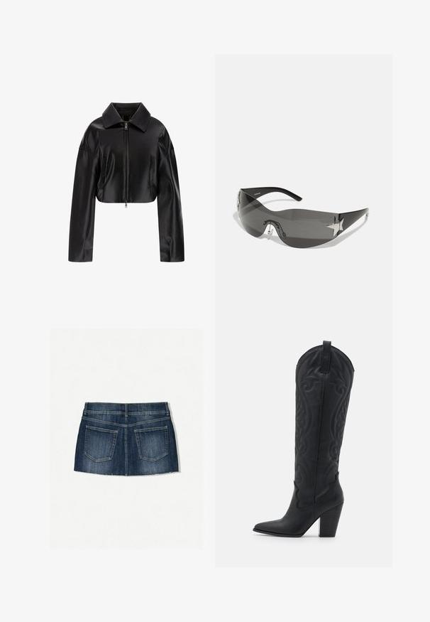 Czarna skórzana kurtka do połowy brzucha z wysmuklonym kołnierzem, zamkiem błyskawicznym z przodu i dwoma bocznymi kieszeniami. Gładka faktura z błyszczącym wykończeniem.; Kwiatowy top na ramiączkach z siatki w odcieniach różu, fioletu i zieleni. Posiada czarne koronkowe ramiączka oraz kolorowe kamienie ozdobne z przodu.; Jeansowa spódniczka mini w ciemnoniebieskim odcieniu, z pięcioma kieszeniami, postrzępionym dołem i dopasowanym krojem oraz płaskim paskiem w talii.; Zign - Kowbojki i obuwie motocyklowe; Czarne okulary przeciwsłoneczne o owocowym kształcie, ciemne soczewki, błyszczące akcenty w kształcie gwiazdy i regulowane noski.; Czarna skórzana torba na ramię o teksturowanym wykończeniu, z akcentem w postaci łańcucha, regulowanym paskiem i srebrnymi detalami.