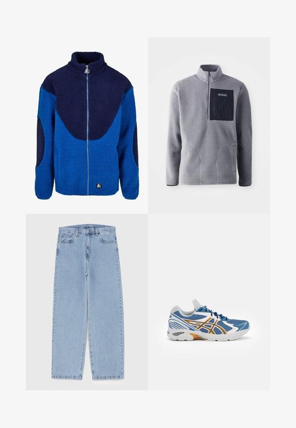 Modrá a námořnická fleecová bunda s vysokým límcem, plným předním zipem a texturovanou tkaninou. Obsahuje kontrastní velké panely a značkovou nášivku.; Šedý fleece pulovr s polo zipem, náprsní kapsou v námořnické modři, dvěma bočními kapsami a texturovaným materiálem. Lehký a pohodlný design.; Světle modré džíny s rovnými nohavicemi, středním pasem, pěti kapsami a zapínáním na knoflík a zip.; Modré sportovní boty s síťovaným svrškem, bílými a oranžovými akcenty, vysoce odpruženou mezipodešví a texturovanou gumovou podrážkou. Obsahují šněrování.