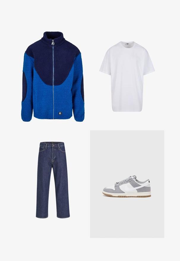 Chaqueta de forro polar azul y marino con un alto cuello, cremallera frontal completa y tejido texturizado. Presenta paneles grandes en contraste y un parche de marca.; Camiseta blanca de algodón con mangas cortas, cuello redondo, corte relajado y sin logotipos ni patrones visibles. Textura suave y diseño minimalista.; Vaqueros de mezclilla azul oscuro con corte recto, diseño de cinco bolsillos, cierre de botón metálico y costuras en contraste, que presentan una sutil textura.; Las zapatillas Nike presentan una parte superior de ante gris y cuero blanco con perforaciones, cordones redondos y una suela de goma para tracción.