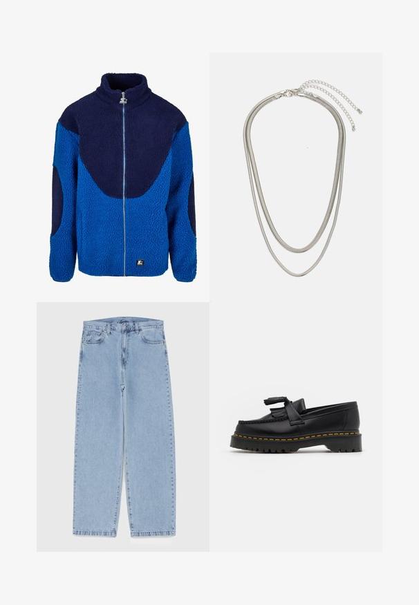 Modrá a námořnická fleecová bunda s vysokým límcem, plným předním zipem a texturovanou tkaninou. Obsahuje kontrastní velké panely a značkovou nášivku.; Pět triček s dlouhým rukávem v řadě: tyrkysová, černá, bílá, tmavě šedá a námořnická modř. Měkká látka s designem kulatého výstřihu a standardním střihem.; Světle modré džíny s rovnými nohavicemi, středním pasem, pěti kapsami a zapínáním na knoflík a zip.; Černé kožené mokasíny s třásněmi, se silnou černou podrážkou a žlutým prošíváním podél okraje. Texturovaný povrch.; Vícevrstvý stříbrný kovový náhrdelník s elegantními, flexibilními řetízky s jemným leskem, zabezpečený karabinkou a nastavitelným řetízkem.