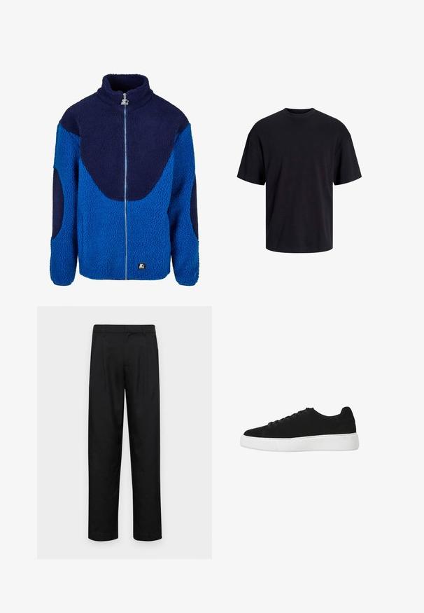 Blauwe en marineblauwe fleecejas met een hoge kraag, een volledige ritssluiting en een gestructureerde stof. Beschikt over contrasterende grote panelen en een merkpatch.; Zwarte katoenen t-shirt met een ronde halslijn, korte mouwen en een relaxte pasvorm. Glad textuur en geen zichtbare patronen of accenten.; Zwarte broeken van gladde stof, met een recht model, twee voorknikken en een standaard tailleband met riemlussen.; Zwarte suède sneaker met een afgeronde neus, vetersluiting aan de voorkant en witte rubberen zool. Eenvoudig ontwerp met minimale accenten en een gladde textuur.
