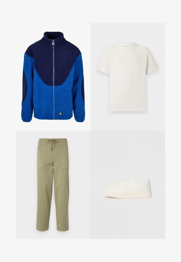 Jachetă din fleece albastră și bleumarin, cu guler înalt, fermoar pe toată lungimea și material texturat. Include panouri mari în culori contrastante și un patch cu logo.; Tricou alb cu maneci scurte, dintr-un material ribbed. Guler rotund, croi lejer, fără modele sau accente vizibile. Design simplu și versatil.; Pantaloni de culoare verde măslin deschis, confecționați dintr-un amestec de bumbac, cu un tiv elastic și șnur, și două buzunare laterale mari.; Tenisi albi slip-on cu o suprafață texturată, talpă groasă și un design minimalist. Prezintă logo-ul brandului pe lateral.