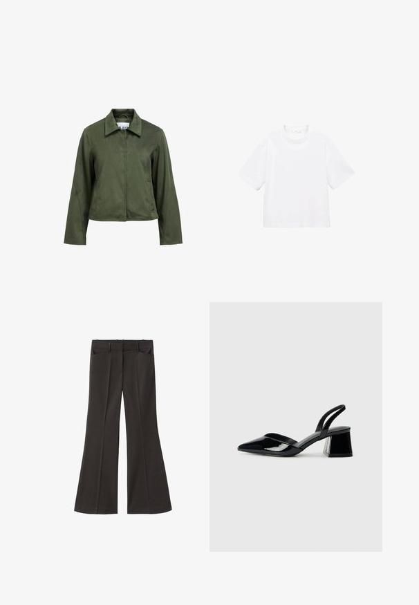 Olivno zelena, sueded teksturirana skrajšana jakna z dolgimi rokavi, sprednjim zadrgo, ovratnikom in stranskimi žepi.; Bela bombažna majica s kratkimi rokavi in okroglo ovratnikom. Preprost dizajn, ohlapen kroj, gladka tekstura. Brez vzorcev ali vidnih poudarkov.; Črne razširjene hlače z visokim pasom; vključujejo dva sprednja žepa in gladko teksturo tkanine. Primerne za različne priložnosti.; Črne lakirane slingback pete s koničastim nosom in geometrijsko blokasto peto. Imajo eleganten, minimalističen dizajn in gladko teksturo.