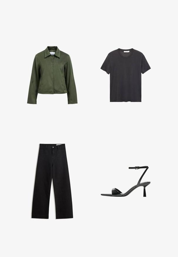 Olivgrüne, samtartige verkürzte Jacke mit langen Ärmeln, vorderem Reißverschluss, Kragen und Seitentaschen.; Schwarzes Rundhals-T-Shirt aus weicher Baumwolle. Kurze Ärmel, lockere Passform und gerader Saum ohne Verzierungen oder Muster.; Schwarze weit geschnittene Jeans mit hoher Taille, ausgestattet mit Vorder- und Hintertaschen, gesteppten Nähten und einem Knopfverschluss. Glatte Textur.; Bershka High Heel Sandalette - black