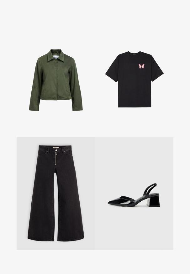 Veste cropped en velours côtelé de couleur vert olive, avec des manches longues, une fermeture éclair à l'avant, un col et des poches latérales.; T-shirt en coton noir à manches courtes, avec un petit graphique de papillon rose sur la poitrine gauche. Modèle à col rond avec une coupe décontractée.; Jean large en denim noir avec une fermeture éclair à l'avant, un design à cinq poches et des détails de couture subtils. Texture lisse et style décontracté.; Escarpins en cuir verni noir avec bout pointu et talon bloc géométrique. Présente un design élégant et minimaliste ainsi qu'une texture lisse.