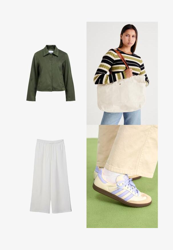 Kroppad jacka i olivgrön mocka med lång ärm, dragkedja fram, krage och sidofickor.; Valkoinen lyhythihainen t-paita, jossa on rento leikkaus ja frillattu tekstuuri vyötäröllä. Valmistettu pehmeästä, kevyestä kankaasta.; Valkoiset leveälahkeiset housut, jotka on valmistettu kevyestä kankaasta. Niissä on joustava vyötärö ja nauha säädettävää istuvuutta varten. Sileä pinta.; Kermasilta ja laventelilta näyttävät lenkkarit kolmella raidalla ja teksturoidulla ruskealla pohjalla, varustettuna nauhoilla ja pehmustetulla kantapäällä. Pehmeä kangaspinta.; Iso beige kangaskassi, jossa on ruskeat nahkaremmit, minimalistisella suunnittelulla ja näkyvillä ompeluvarastoilla.