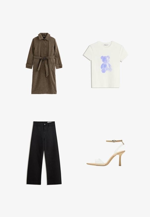 Brown and tan checkered coat with a collar, long sleeves, and a belted waist. Made from textured fabric with button details.; White cotton t-shirt featuring a translucent purple teddy bear graphic on the front, round neckline, short sleeves, and a relaxed fit.; Black wide-leg denim pants with a high waist, featuring front and back pockets, stitched seams, and a button closure. Smooth texture.; Clear heeled sandal with a transparent upper, beige footbed, and a slender ankle strap. Features a pointed toe and a thin high heel.