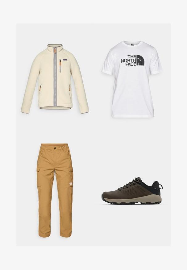 Cream fleece jacket with a high collar, gray zippers, and orange accents. Features side pockets and a zippered chest pocket. Soft texture.; White cotton t-shirt featuring a black graphic print with text and a curved logo design. Round neckline and short sleeves. Plain texture.; The North Face EXPLORATION PANTS - Cargo trousers - utility brown; Brown waterproof sneakers with a textured upper, perforated accents, black heel support, and a grey rubber sole. Laces are styled with metallic ends.