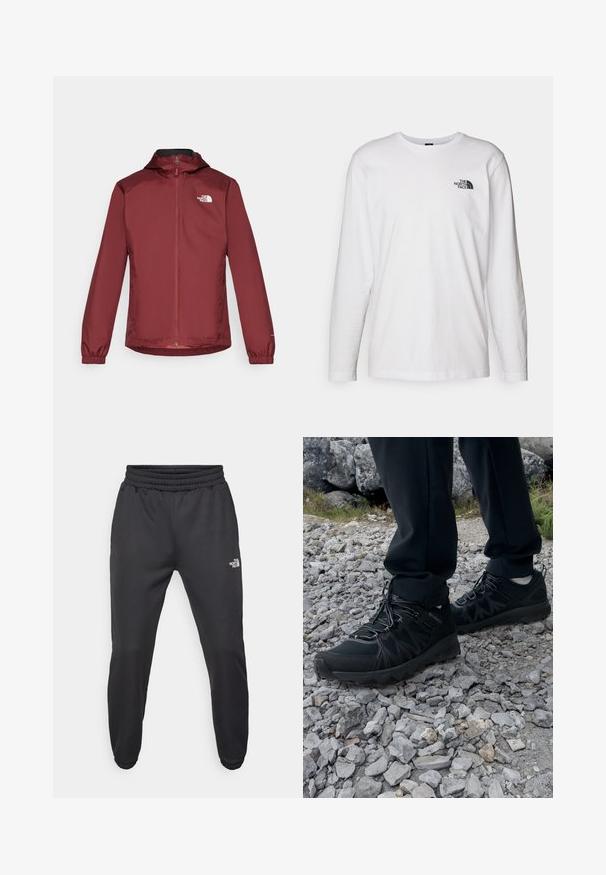 Rote wasserdichte Jacke mit Reißverschluss, verstellbare Kapuze, elastischen Bündchen und Logo auf der linken Brust. Glatte Textur und leichtes Design.; Weißes langärmliges T-Shirt aus Baumwolle mit Rundhalsausschnitt. Verfügt über ein kleines schwarzes Logo auf der Brust. Glatte Textur, reguläre Passform.; Schwarze Jogginghose mit verstellbarem Bund, schlanker Passform, elastischen Bündchen und einem kleinen weißen Logo am linken Oberschenkel, hergestellt aus glattem Stoff.; Schwarze Outdoor-Schuhe aus Mesh und synthetischem Material, mit einer strukturierten Oberseite, gesichertem Schnürsystem und griffiger Laufsohle, auf felsigem Gelände.