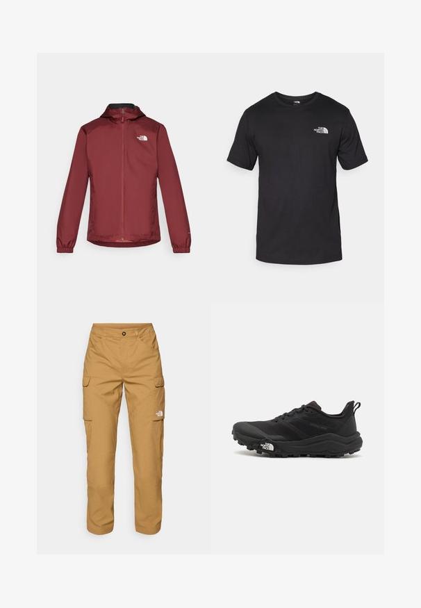 Giacca impermeabile rossa con zip frontale, cappuccio regolabile, polsini elasticizzati e logo del brand sul lato sinistro del petto. Texture liscia e design leggero.; T-shirt nera a maniche corte in cotone, con scollatura rotonda e un piccolo logo bianco nell'area superiore sinistra del petto.; The North Face EXPLORATION PANTS - Pantaloni cargo - utility brown; Scarpa da trail running nera con tomaia texture, suola in gomma e punta rinforzata. Presenta un collare imbottito e un tassello per un indossamento facile.