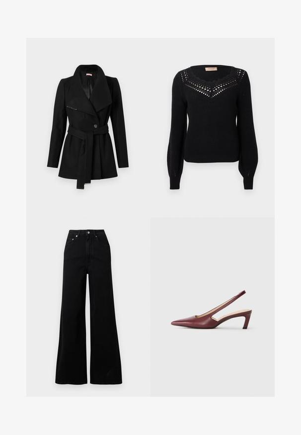 Black belted women's coat with wide lapels, one button closure, and metal accents on belt ends and lapel pin.; Black sweater with a ribbed texture, scalloped neckline, and openwork detail at the chest. Long sleeves and fitted waist.; Black wide-leg jeans made from denim, featuring a high waist, five pockets, front button closure, and minimal stitching details.; Burgundy slingback heels with a pointed toe, cutout details on the side, and a mid-height block heel. Smooth leather finish.