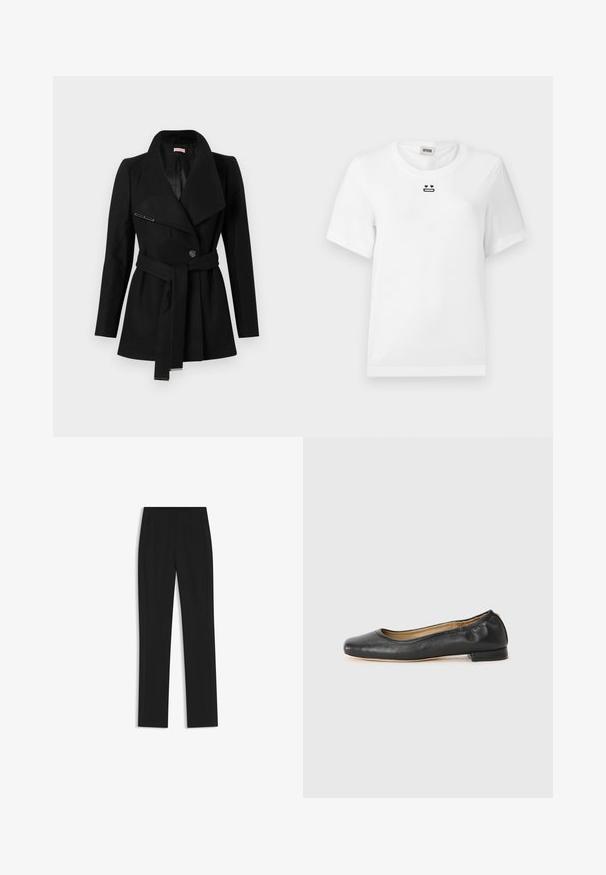 Black belted women's coat with wide lapels, one button closure, and metal accents on belt ends and lapel pin.; White cotton t-shirt with short sleeves, featuring a small black graphic design of a face with heart eyes and a straight mouth on the chest.; Black tailored trousers with a straight-leg design, featuring front pockets and a smooth, textured fabric. Neat, minimal detailing.; Black leather ballet flats with a rounded toe and minimal stitching. Low, rectangular heel and smooth texture. Subtle interior lining detail.