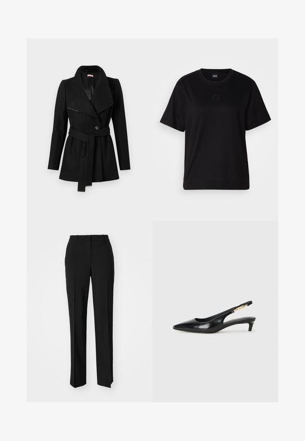 Nainen musta vyöllinen takki leveillä läpillä, yhdessä napin sulkemisella ja metallikoristeilla vyön päässä ja läpin pinnassa.; Musta puuvillapaita, jossa on pyöreä kaula-aukko, lyhyet hihat ja brodeerattu logo rinnassa. Yksinkertainen, rento istuvuus ilman kuvioita.; Mustat räätälöidyt housut suoraa lahjetta, joissa on sileä pinta ja terävät taitteet edessä. Ei näkyvää metalliosaa.; Mustat nahkaiset slingback-korkokengät, joissa on terävä kärki, ohuet korot ja kultasävytteinen yksityiskohta säädettävässä hihnassa. Silkkinen pinta.