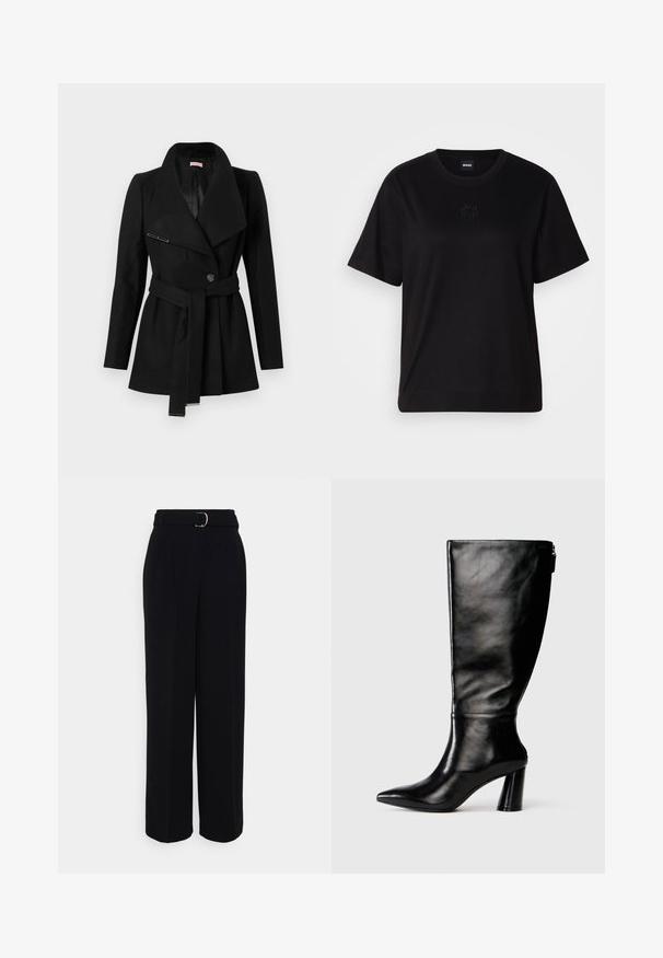 Black belted women's coat with wide lapels, one button closure, and metal accents on belt ends and lapel pin.; Black cotton t-shirt with a crew neckline, short sleeves, and an embroidered logo on the chest. Simple, relaxed fit with no patterns.; Black tailored pants with a wide-leg silhouette, featuring a belt with a silver buckle, pleats, and a smooth fabric texture.; Knee-high black leather boot with a pointed toe, smooth texture, and a chunky heel. Features a zipper detail at the back.