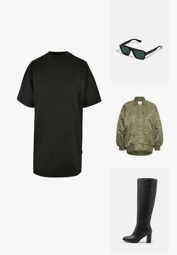 My Essential Wardrobe  HELGA oliwkowy; Czarna bawełniana koszulka z okrągłym dekoltem i krótkimi rękawami. Luźny krój, jednolity wzór, bez widocznych wzorów lub akcentów.; Czarne kozaki do kolan wykonane z gładkiej skóry, z szerokim obcasem i zaokrąglonym czubkiem. Minimalistyczny design bez widocznych elementów metalowych czy dekoracji.; Czarne prostokątne okulary przeciwsłoneczne z zielonymi soczewkami. Wykonane z plastiku w ośmiokątnym kształcie i gładkim wykończeniu. Posiadają logo Ray-Ban z boku.